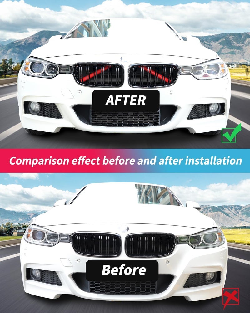 SHSBSCAR إدخالات شبكة M-Sport V Brace مع شرائط تزيين، متوافقة مع BMW 3/4 سلسلة F30 F32 320 328i 330 335 428 435 تزيين شبكة أمامية (أحمر-F30) - Image 2